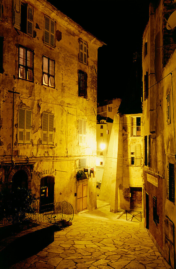Alley, old town at night, Bastia, Corsica, France