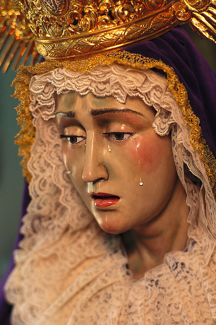 Close-up of a statue of the Virgin Mary, Sevilla, Andalusia, Spain, Europe