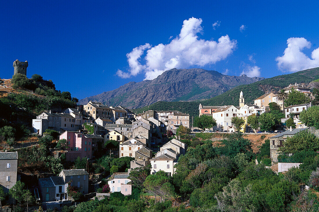 Village, watchtower, Nonza, Cap Corse, Corsica, France