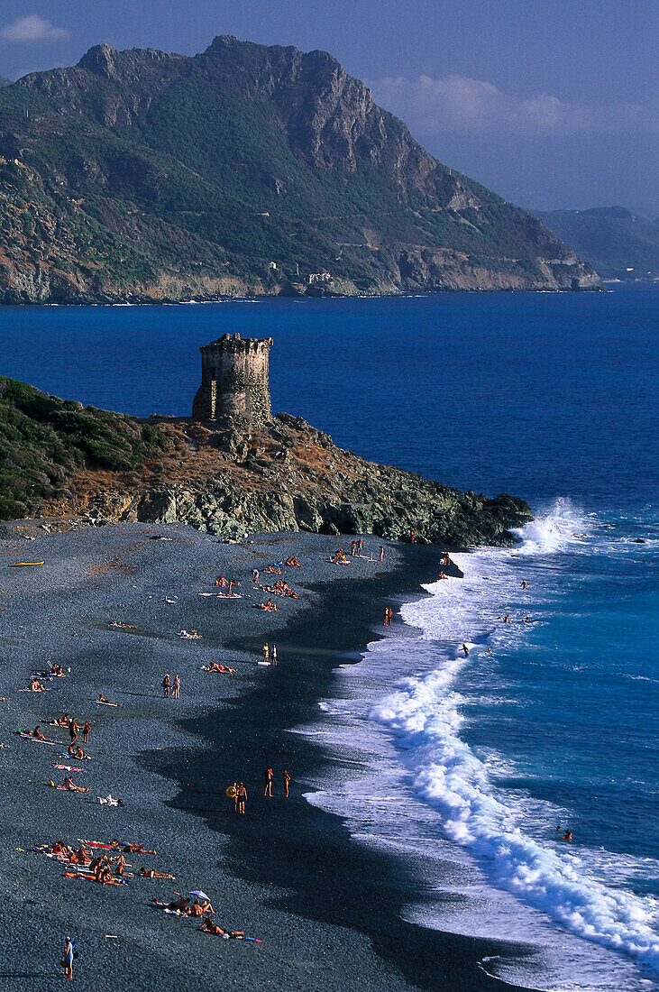 Strand, Wachturm, Nonza, Cap Corse, Korsika, Frankreich