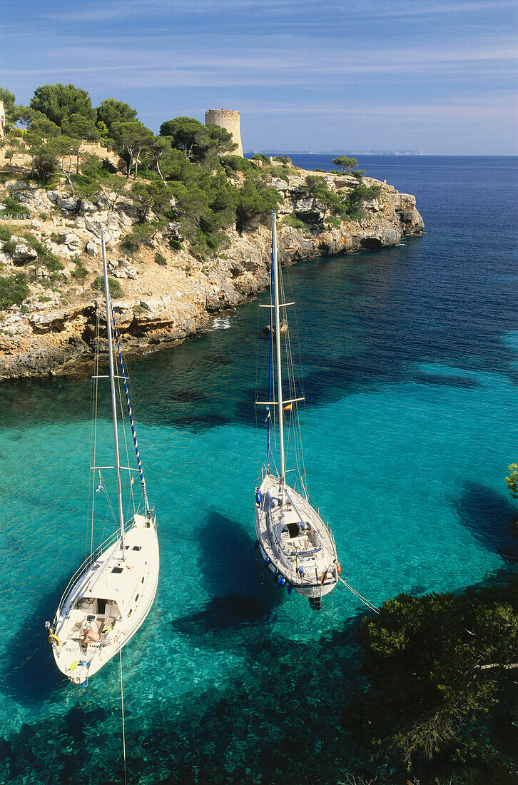 Sailing boats in a bay, Cala Pi, Majorca, Balearic Islands, Spain