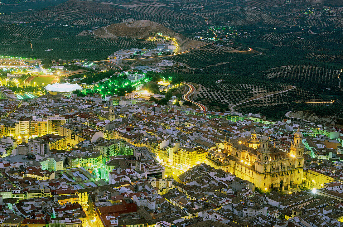 Cityscape with illuminated cathedral, Jaén, Andalusia,  Spain