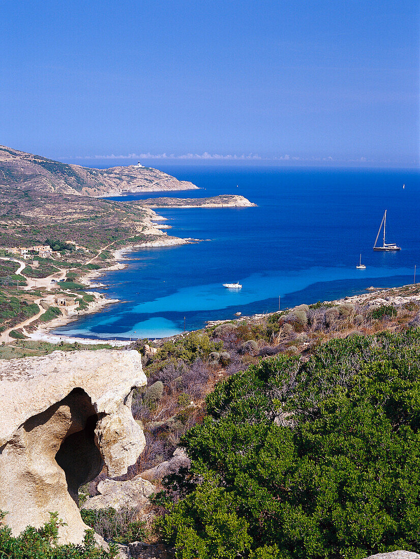 Coastline, sailing ship, Calvi, Corsica, France