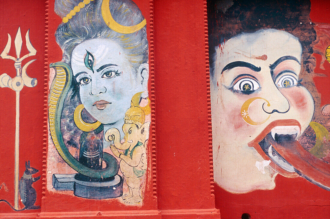 Wall painting at a temple, Raja-Bazar-Road, Varanasi, Benares, Uttar Pradesh, India, Asia