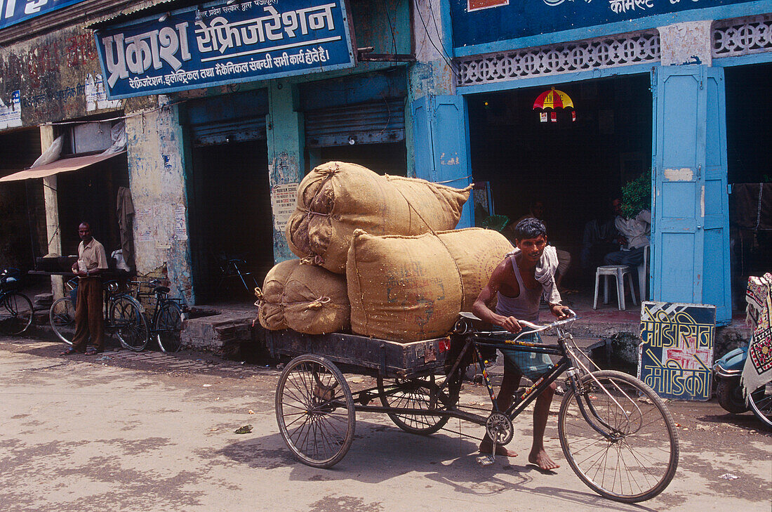 Transport mit dem Fahrrad, Straße, Varanasi, Benares, Uttar Pradesh, Indien