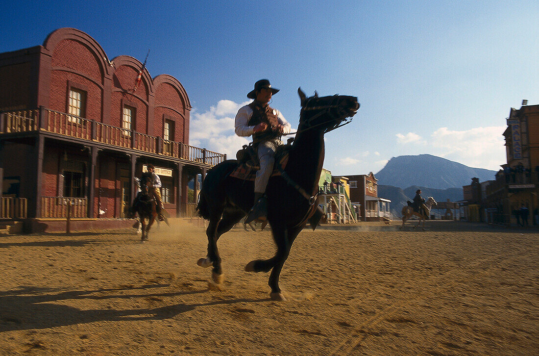 Rider in a scene at Mini Hollywood, Almeria province, Andalusia, Spain, Europe