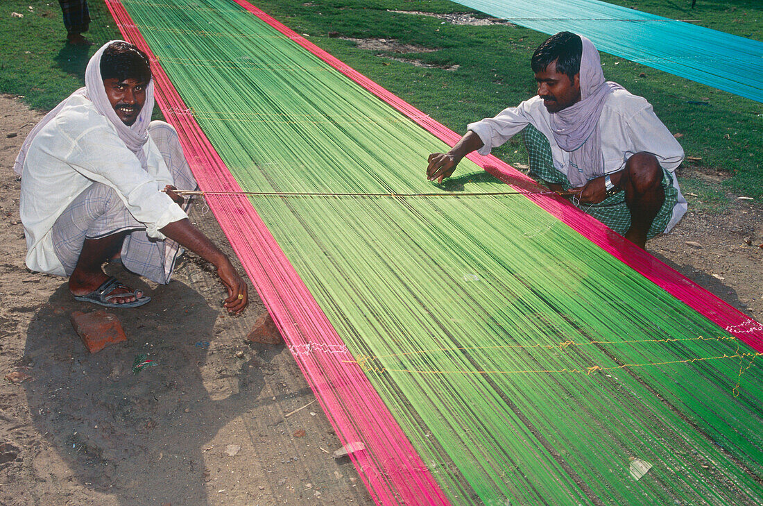 Preparations for silk weaving , Varanasi, Benares Uttar Pradesh, India