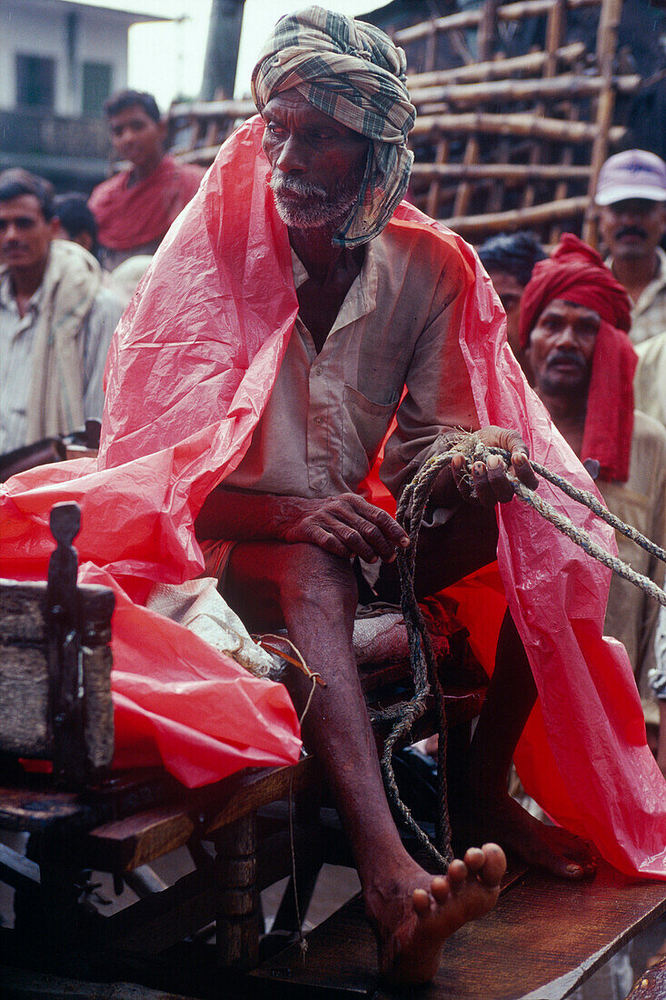 Coachman, plastic tarpaulin, monsoon, near Muzaffarpur, Bihar, India