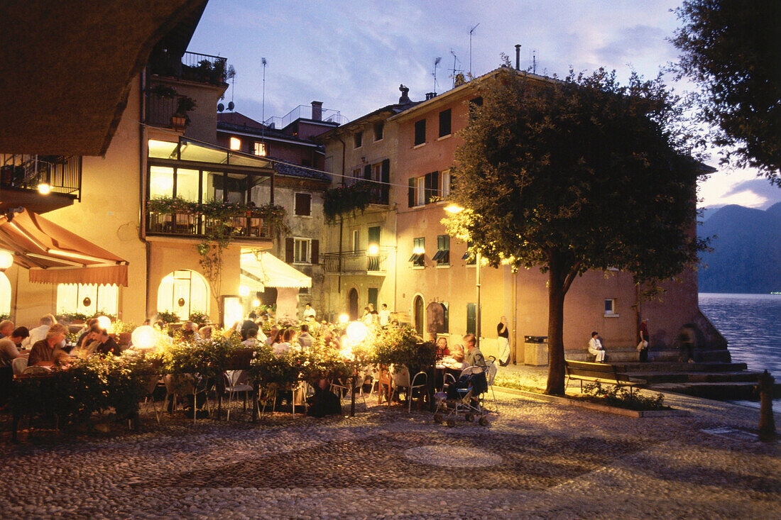 Restaurant La Pace at night, Old Town, Malcesine, Veneto, Italy