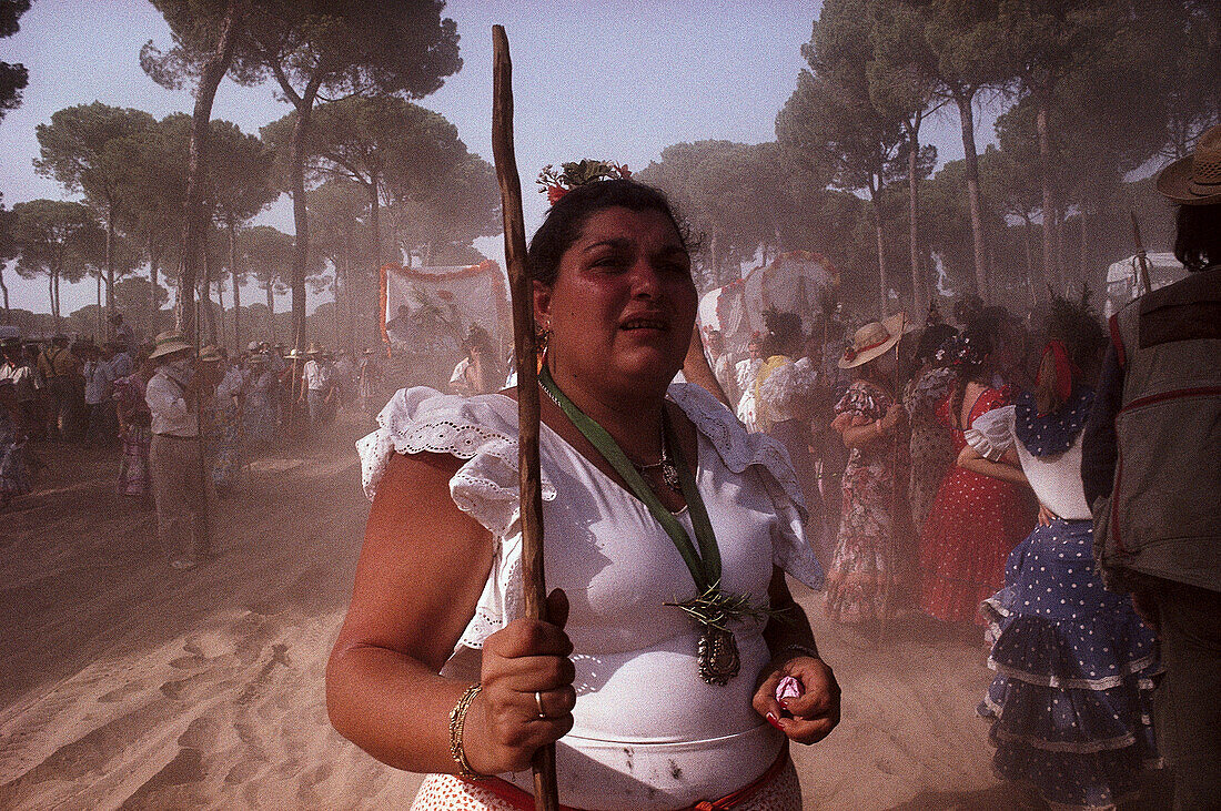 Pilgrims on the dusty Raya Real, Andalusia, Spain