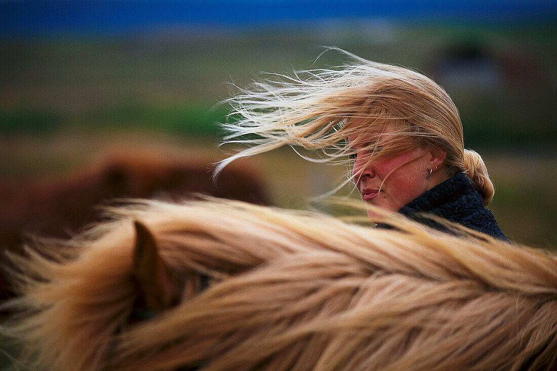 Young woman with Island pony, Midfjord, North, Iceland