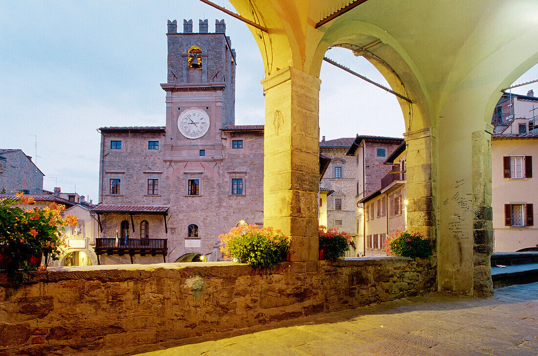 Palazzo Comunale, Town Hall, archway, Piazza della Repubblica, Cortona, Tuscany Italy
