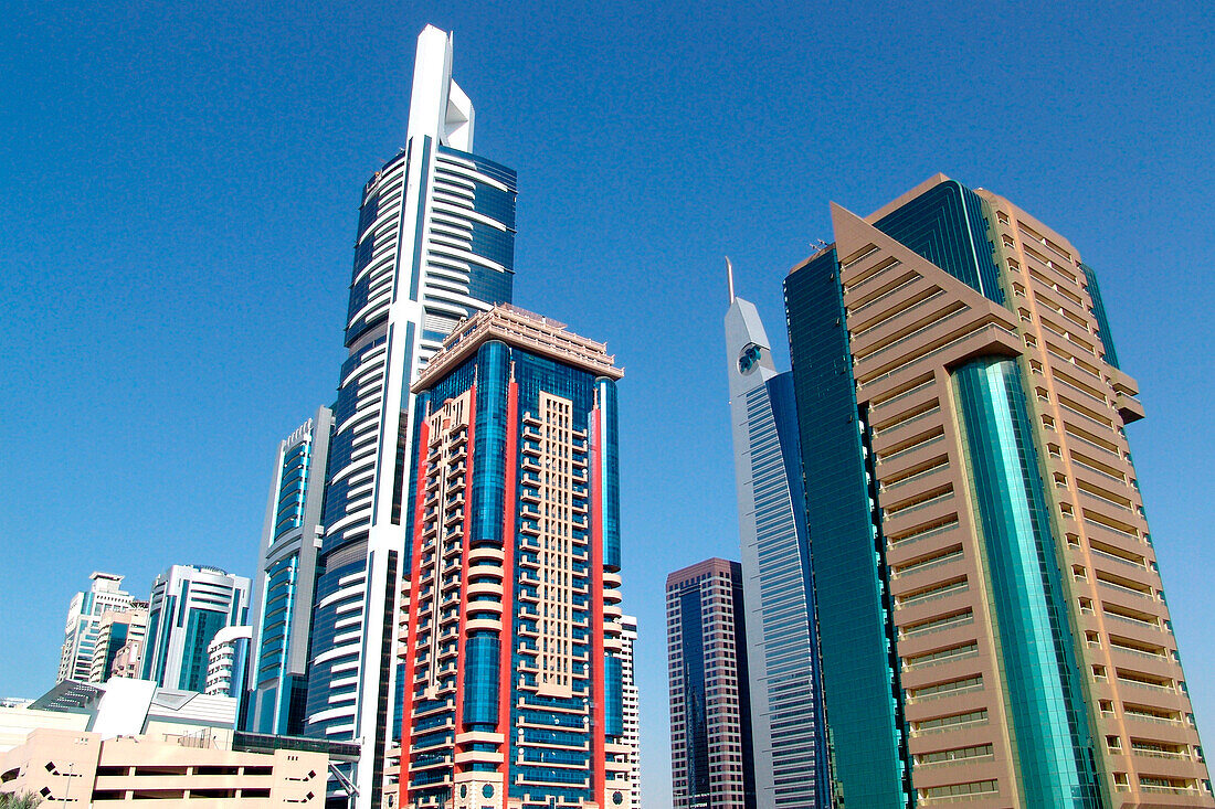 Modern high rise buildings under blue sky, Sheik Zayed Road, Dubai, UAE, United Arab Emirates, Middle East, Asia
