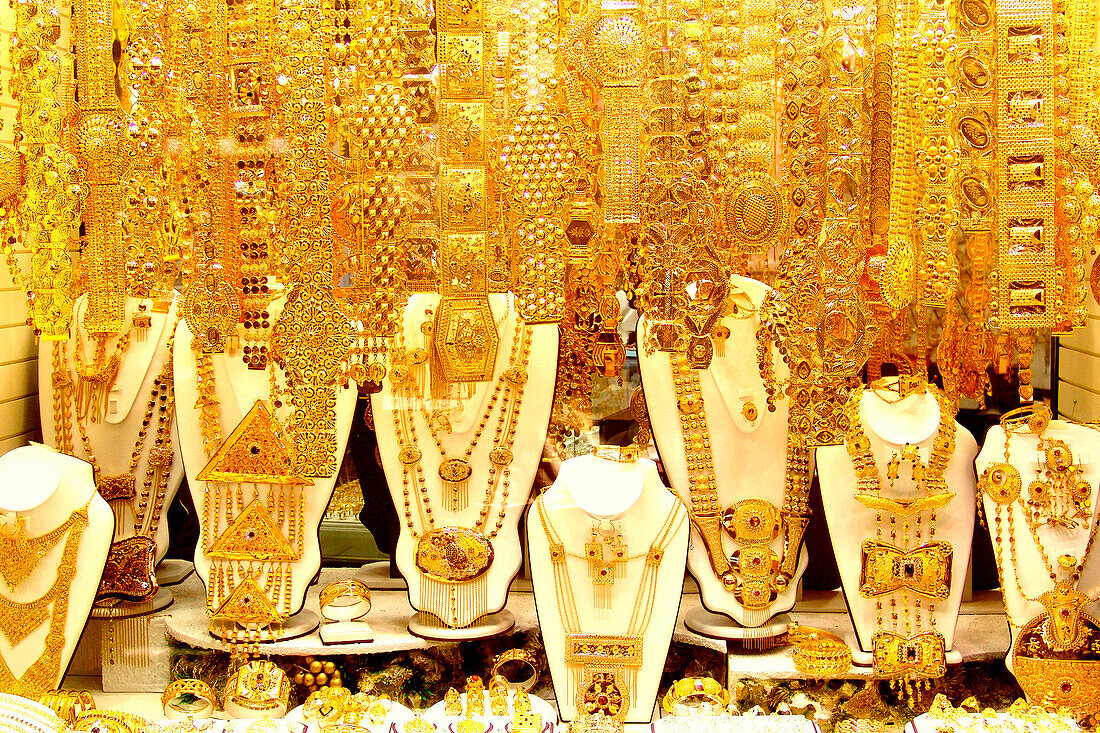 Golden jewellery at a souk at Deira, Dubai, UAE, United Arab Emirates, Middle East, Asia