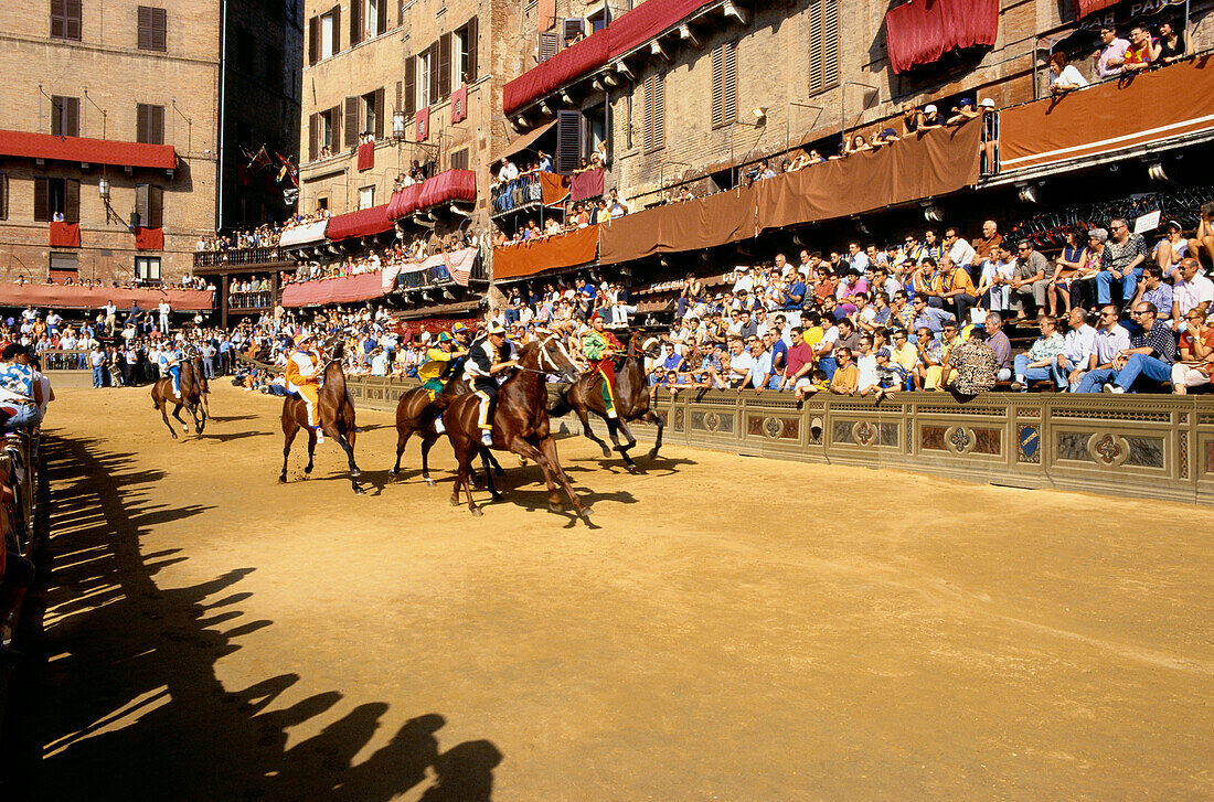 Palio, Pferderennen, Festivals auf der Piazza del Campo, Siena, Toskana, Italien