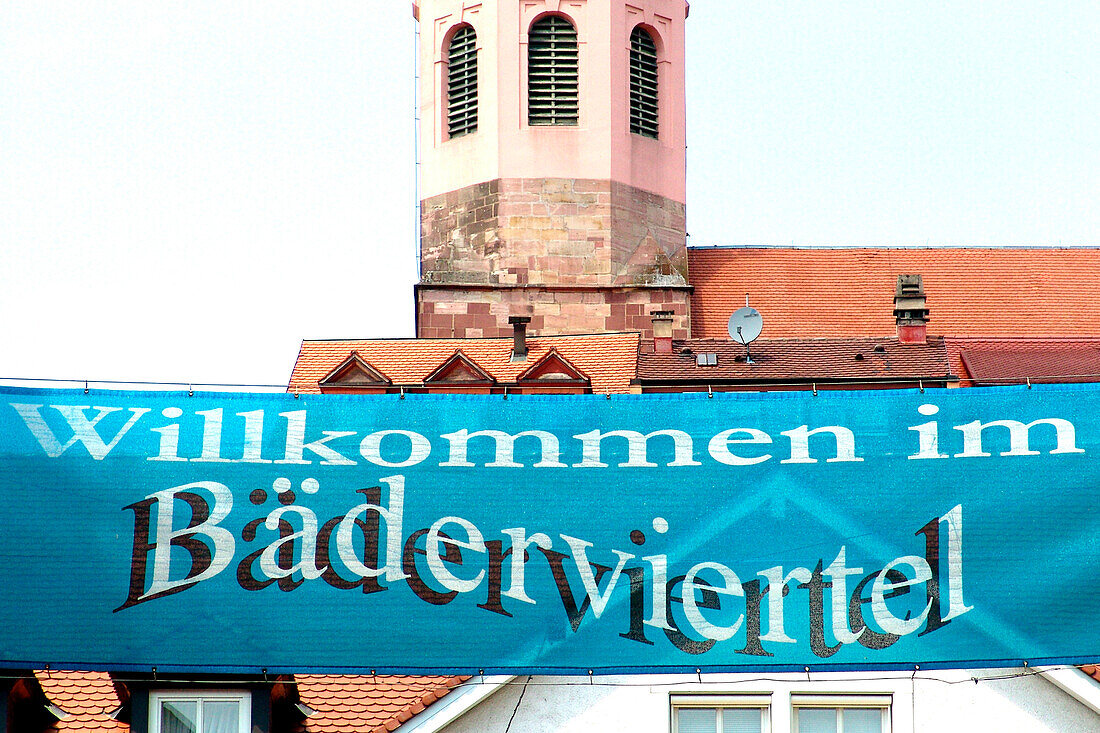 Bathhouses quarter, sign in front of the church, Baden-Baden, Baden-Wuerttemberg, Germany, Europe