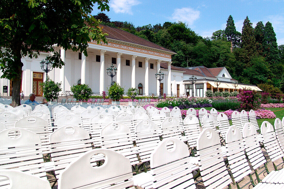 White chairs in the park, Baden-Baden, Baden-Wuerttemberg, Germany, Europe
