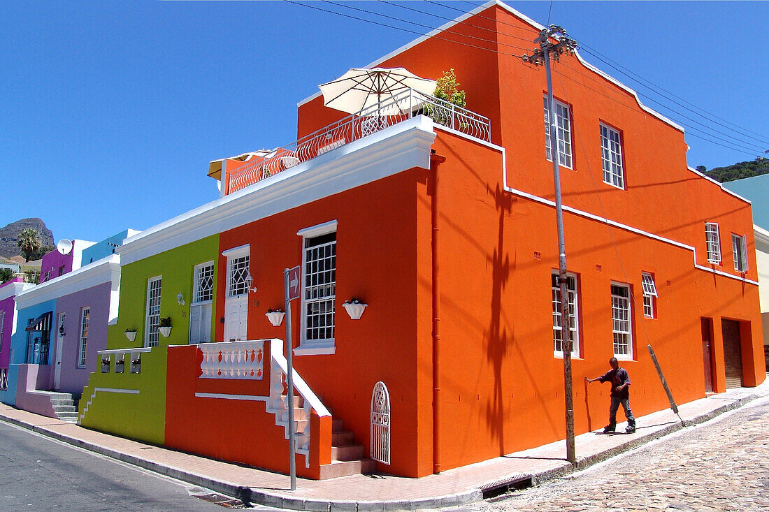 Bunte Häuser, Straßenecke in Bo-Kaap, Cape Malay Viertel, Kapstadt, Südafrika, Afrika