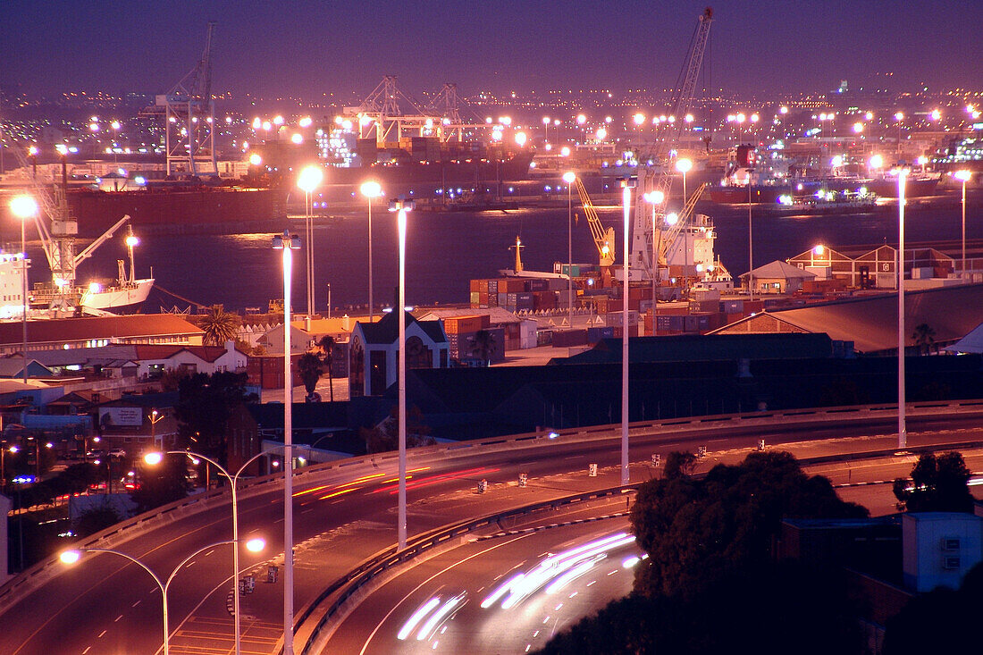 Highway at harbour at night, Cape Town, South Africa, Africa