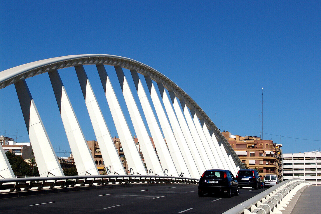 Modern bridge under blue sky, Valencia, Spain, Europe