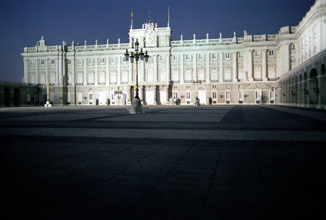 The illuminated Palacio Real at night, Madrid, Spain, Europe