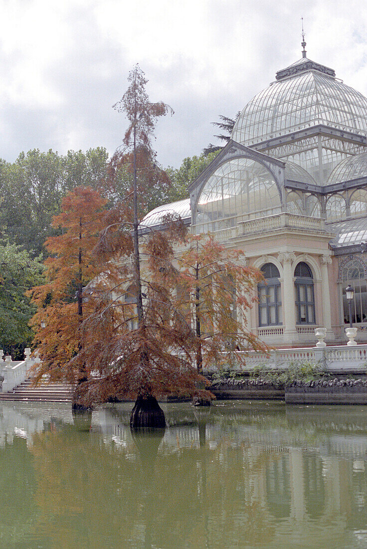 Lake and building at Parque del Retiro, Madrid, Spain, Europe