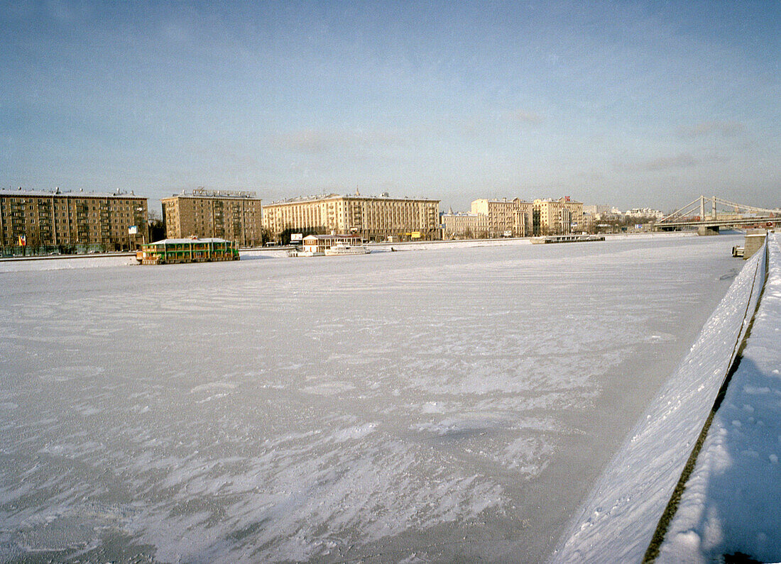 Frozen Moskva river, Moscow Russia