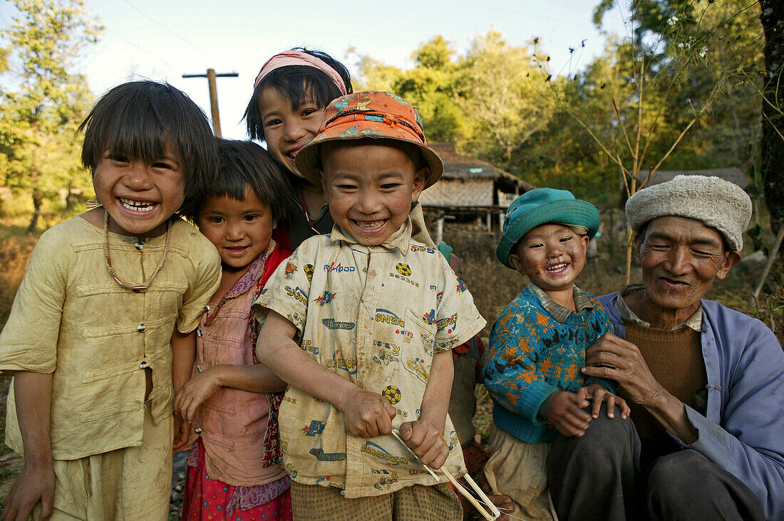 Portrait happy country children, old man, Myanmar