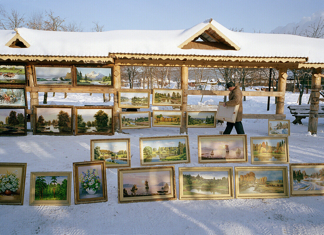 Paintings at flea market, Izmailovski Park, Moscow, Russia