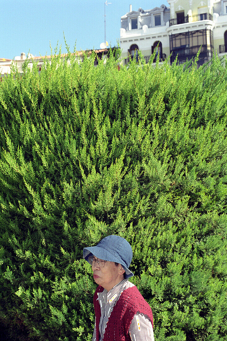 Asian tourist in front of hedge of Royal Palace, Madrid, Spain