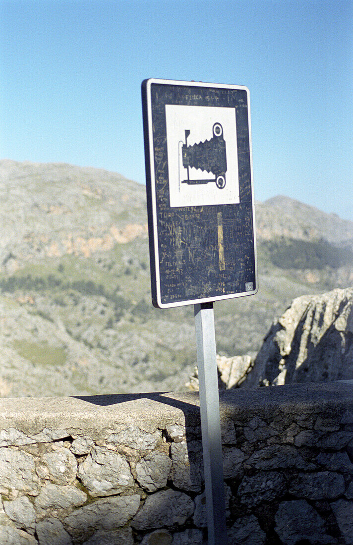 Fotografieren empfohlen, Schild an einem Aussichtpunkt, Mallorca, Spanien, Europa