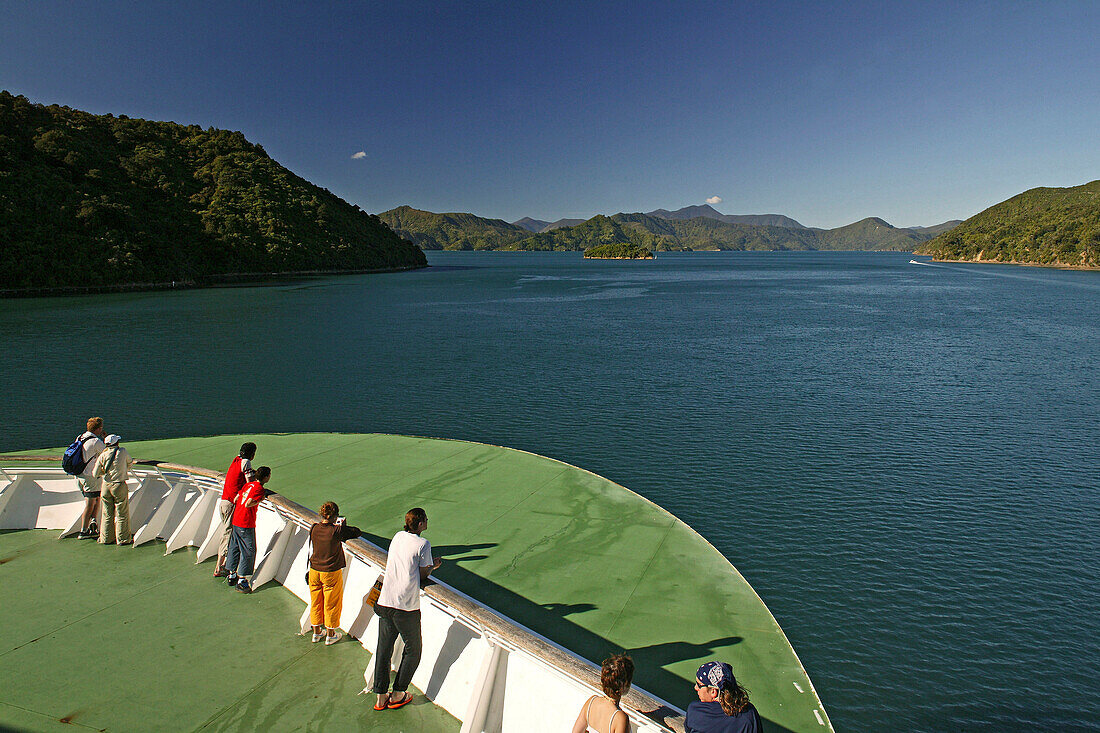 Ferry passengers, Marlborough Sounds, Cook Strait Ferry in Tory Channel, South Island