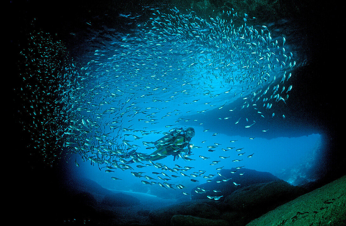 Taucher in Unterwasserhoehle, Curacao, Niederlaendische Antillen