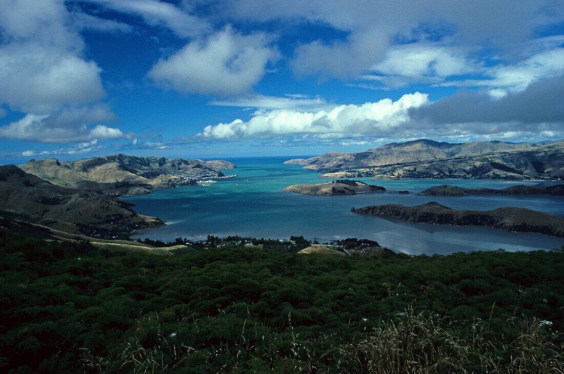 Banks Peninsula, near Christchurch, NZ, the extinct vulcanic crater offers views from the hills onto the many harbours and bays, east coast South Island near Christchurch