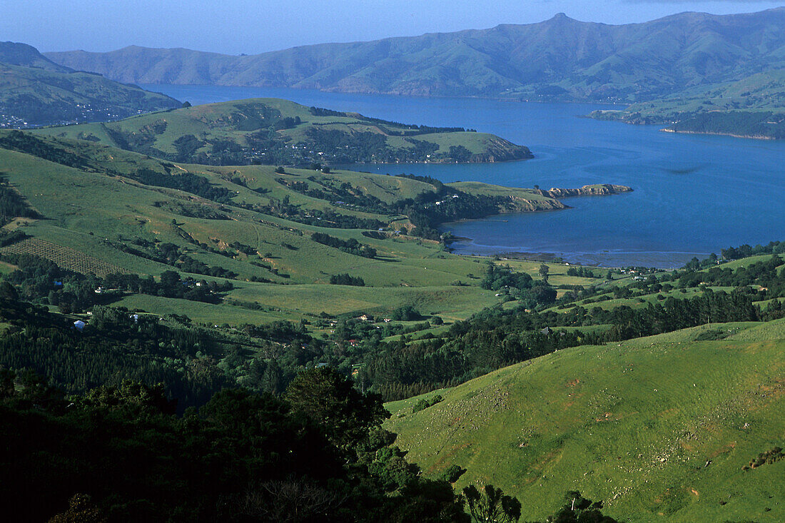 Banks Peninsula, near Christchurch, NZ, Harbour, Banks Peninsula, the extinct vulcanic crater offers views from the hills onto the many harbours and bays, east coast South Island near Christchurch