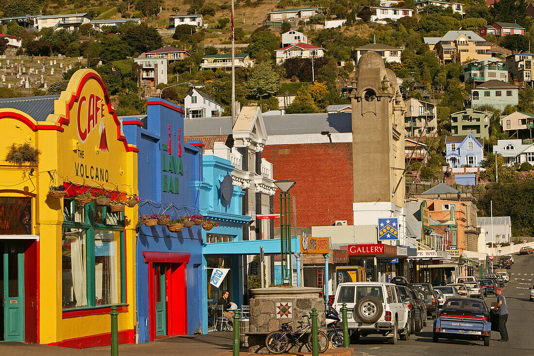 Colourful facades of cafes in London Street, Lyttelton, Banks peninsula, South Island, New Zealand, Oceania