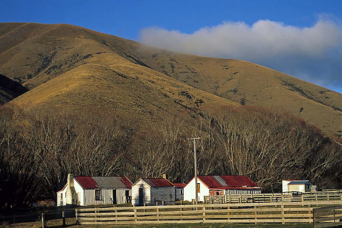 Farmhouse, Lindis Pass, Otago, White painted farmhouse, Lindis Pass Scenic Reserve, South Island