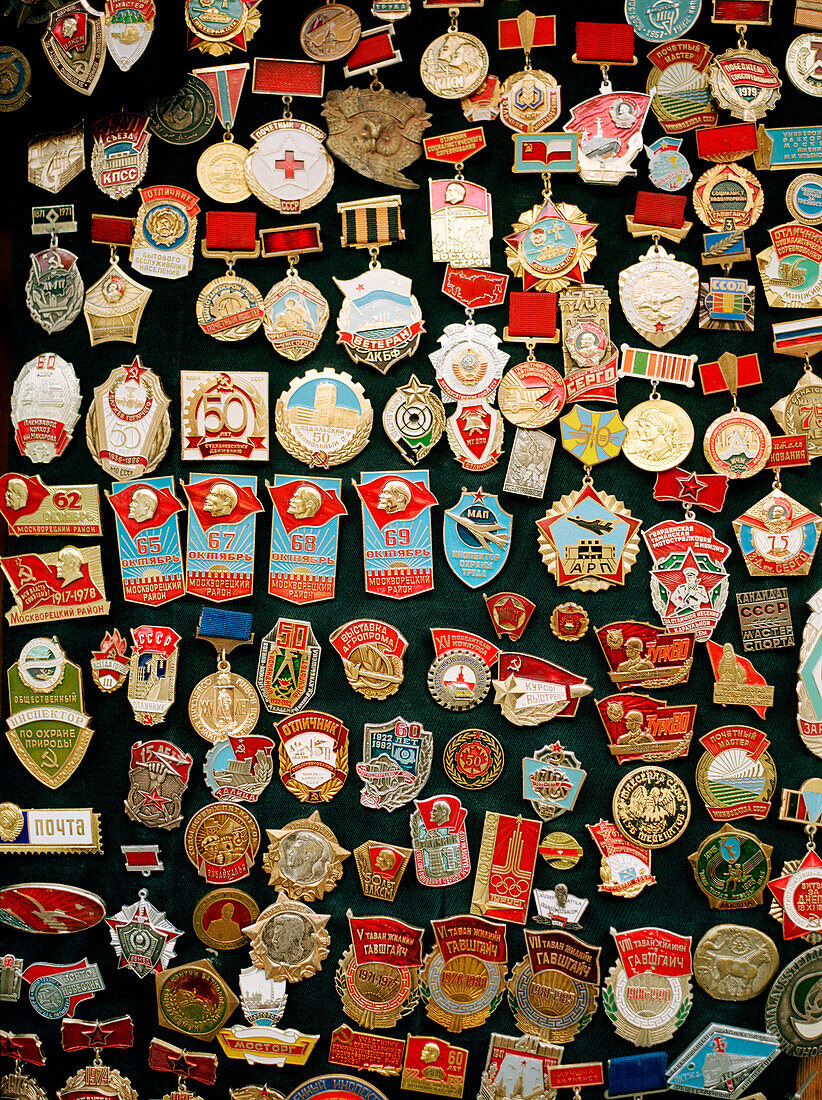 Soviet medals and pins at flee market, Moscow Russia