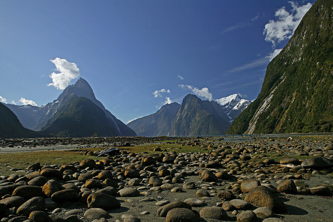 View of mountains and fiord Milford Sound, Fiordland National Park, South Island, New Zealand, Oceania