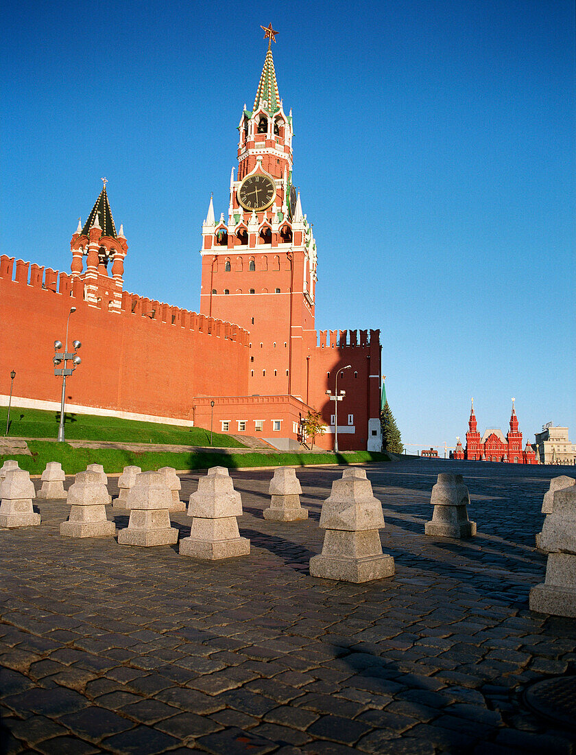 The Spasskaya Tower under a blue sky, Red Square, Moscow, Russia