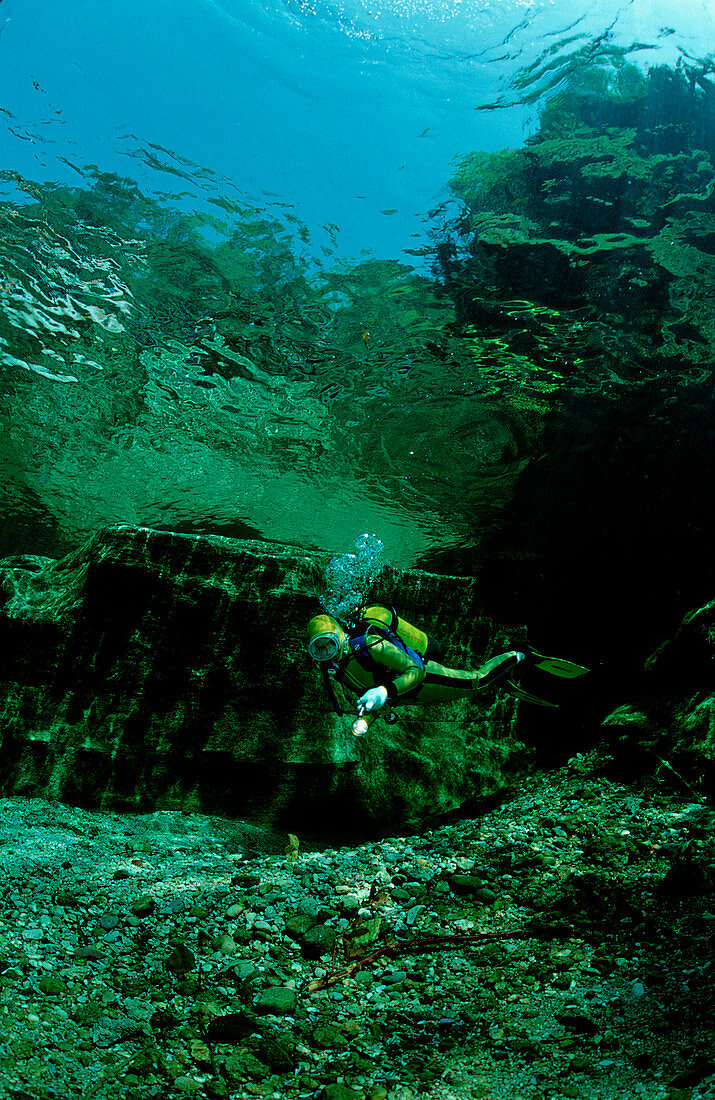 Flusstauchen in der Traun, Scuba diving in a fresh, Scuba diving in a freshwater river, scuba diver, traun