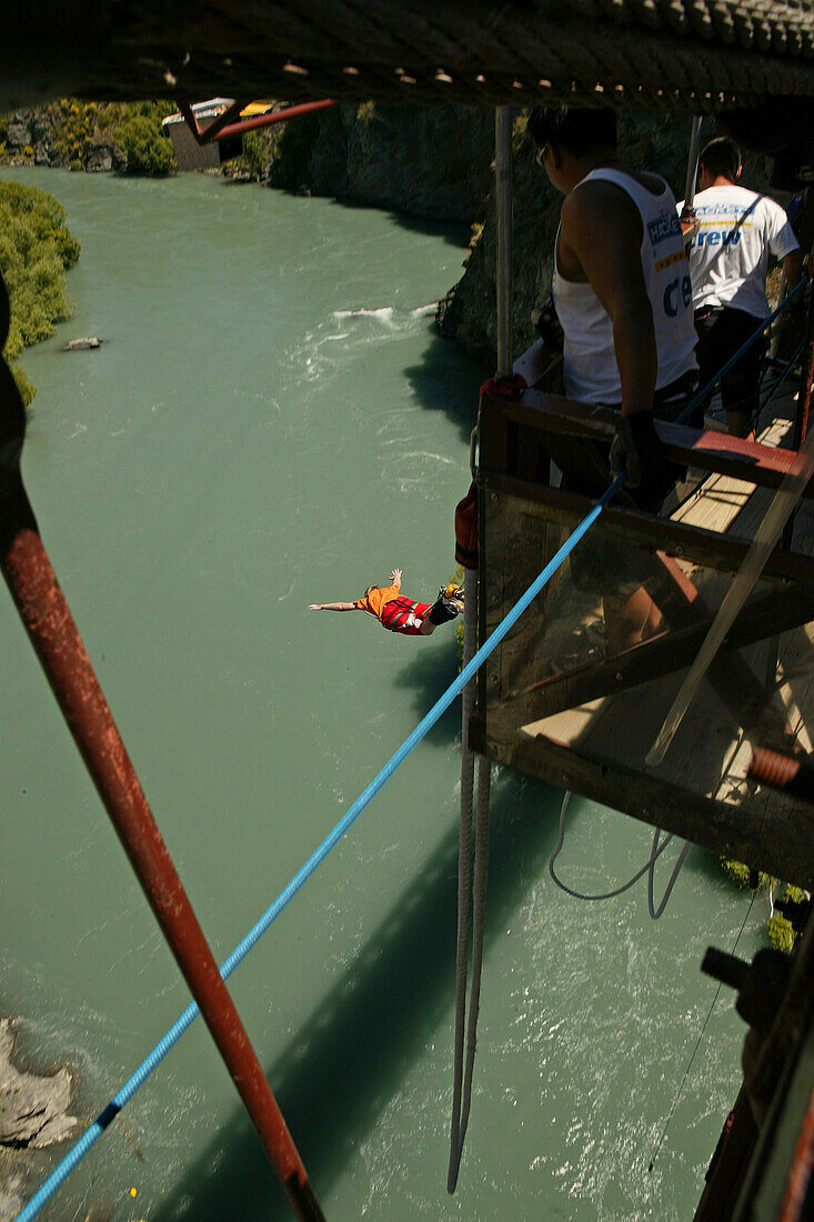 People Bungee jumping above Kawarau River, Otago, South Island, New Zealand, Oceania