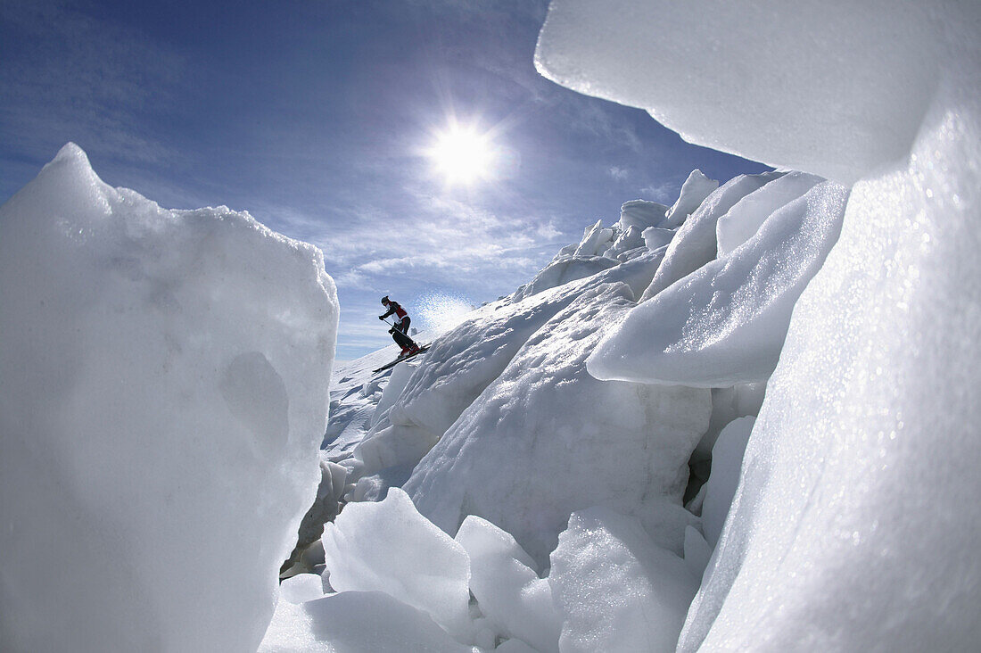 Skier on dangerous slope, Soelden, Oetztal, Austria