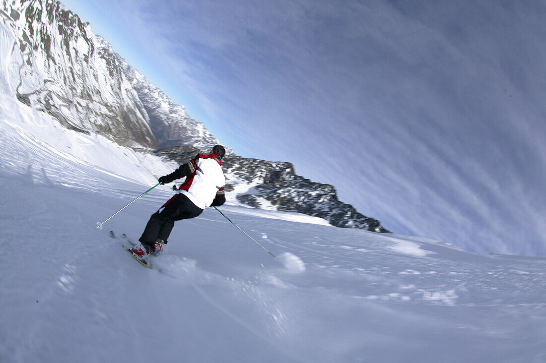 Skier on Tiefenbachferner slope, Soelden, Oetztal, Austria