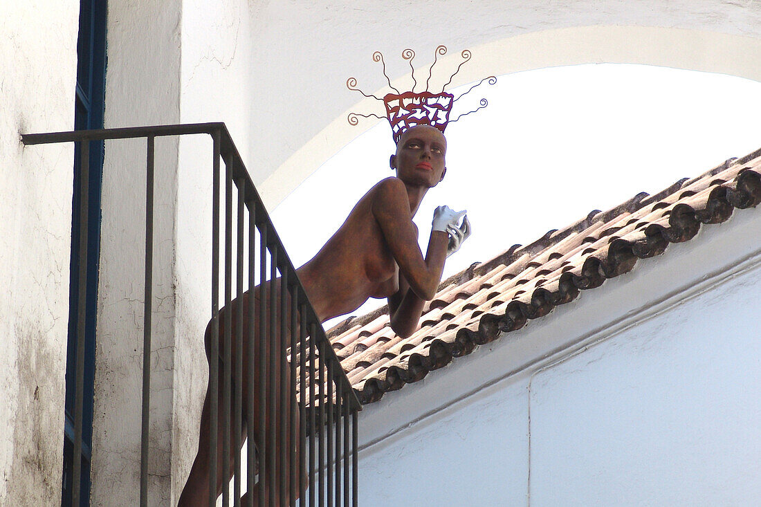 Naked mannequin on a balcony, Poble Espanyol, Barcelona, Spain, Europe