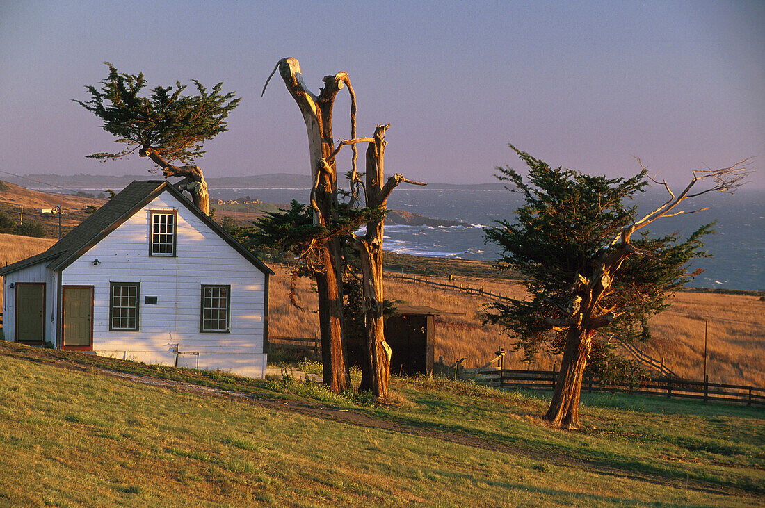 Holzhaus und Küstenlandschaft in der Abendsonne, Sonoma Coast State Beaches, Sonoma County , Kalifornien, USA, Amerika