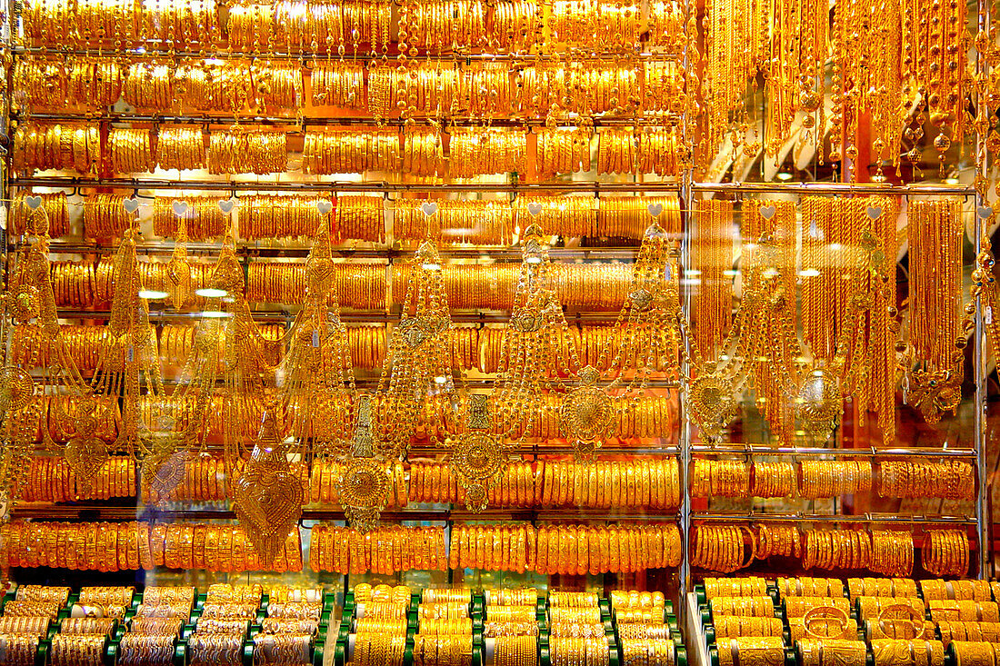 Golden jewellery at a souk at Deira, Dubai, UAE, United Arab Emirates, Middle East, Asia