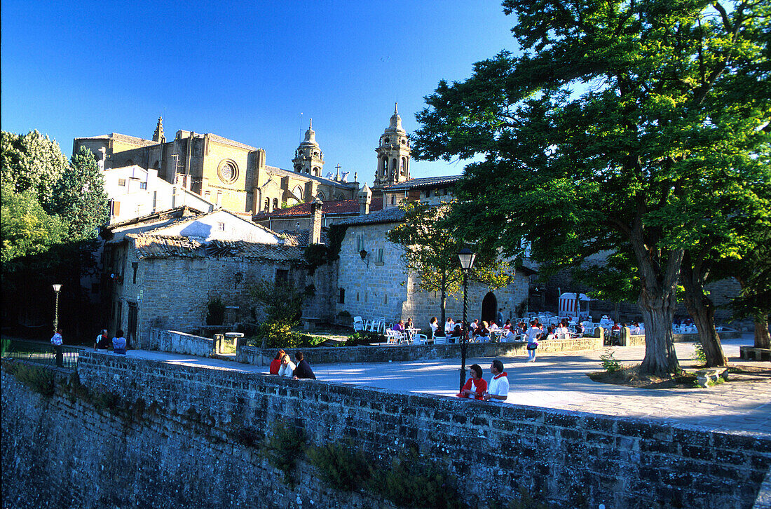 City wall with old town and cathedral in the background, Historic quarter, Vuelta de Aranzadi, Pamplona, Navarra, Spain