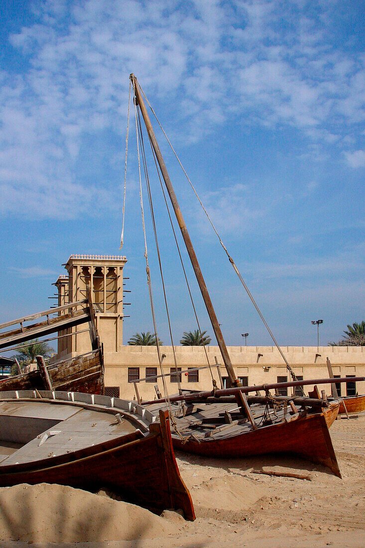 Boats in the sand at an open air museum, Dubai, UAE, United Arab Emirates, Middle East, Asia