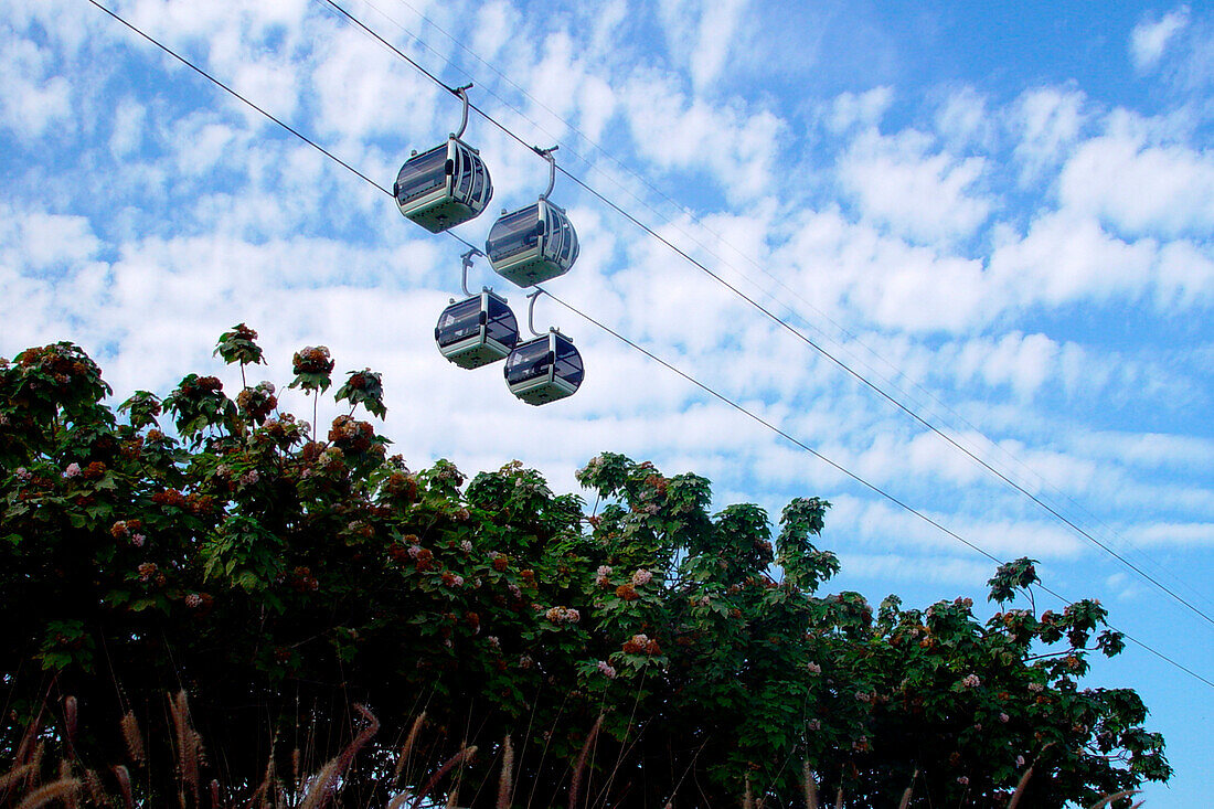 Gondelbahn unter Wolkenhimmel, Creek Park, Dubai, VAE, Vereinigte Arabische Emirate, Vorderasien, Asien